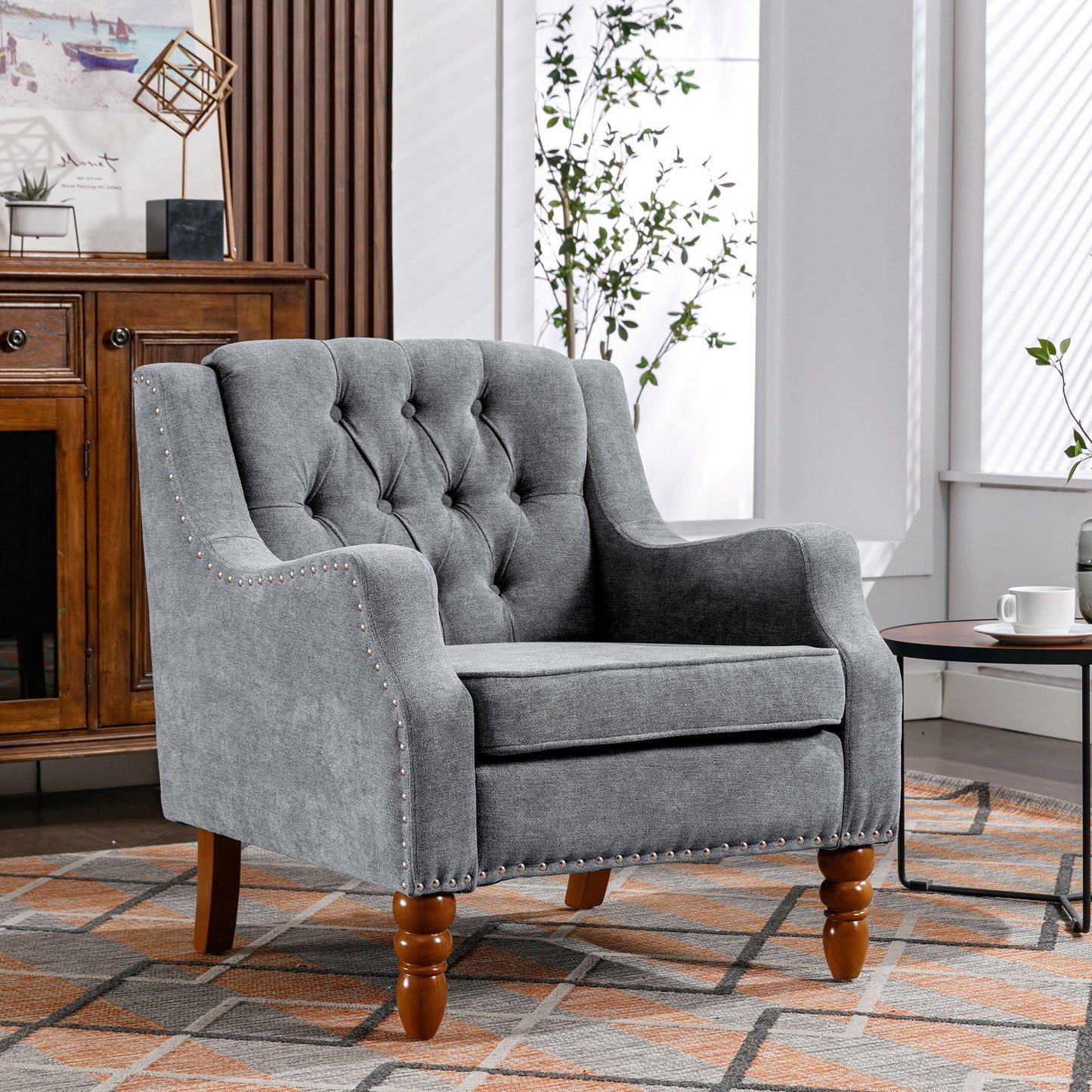 Accent Chair, Living Room Chair, Footrest Chair Set With Vintage Brass Studs, Button Tufted Upholstered Armchair For Living Room, Comfy Reading Chair For Bedroom, Reception Room - Gray