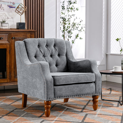 Accent Chair, Living Room Chair, Footrest Chair Set With Vintage Brass Studs, Button Tufted Upholstered Armchair For Living Room, Comfy Reading Chair For Bedroom, Reception Room - Gray