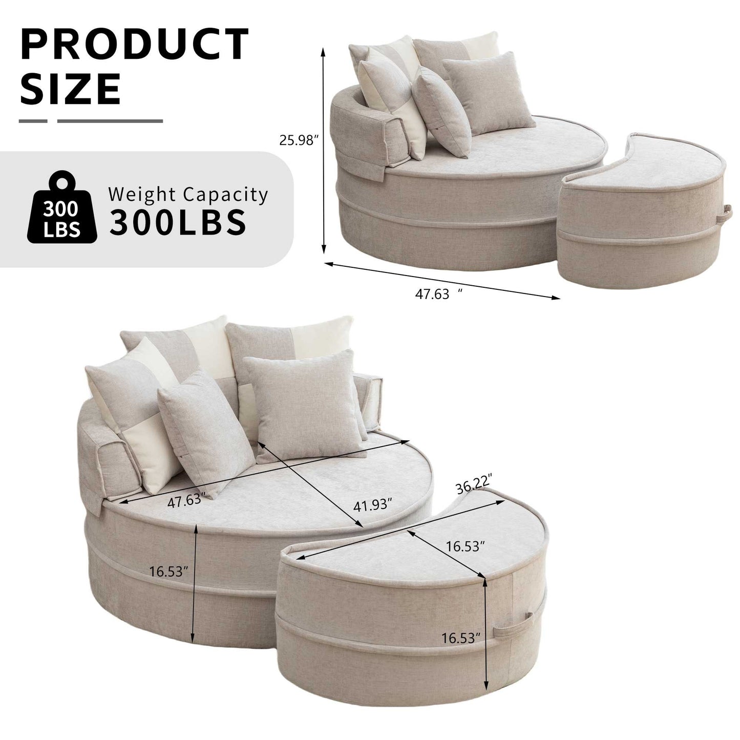 Modern Oversized Round Barrel Accent Chair With Ottoman - Velvet Upholstered Lounge Armchair With 5 Pillows For Living Room Or Bedroom - Gray