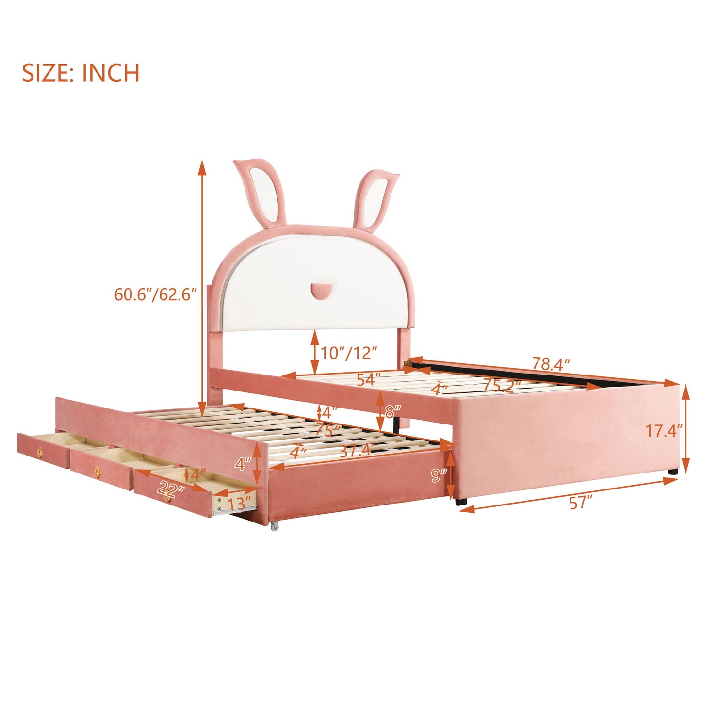 Full Size Upholstered Platform Bed With Trundle And 3 Drawers, Rabbit-Shaped Headboard With Embedded LED Lights - Pink