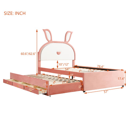 Full Size Upholstered Platform Bed With Trundle And 3 Drawers, Rabbit-Shaped Headboard With Embedded LED Lights - Pink