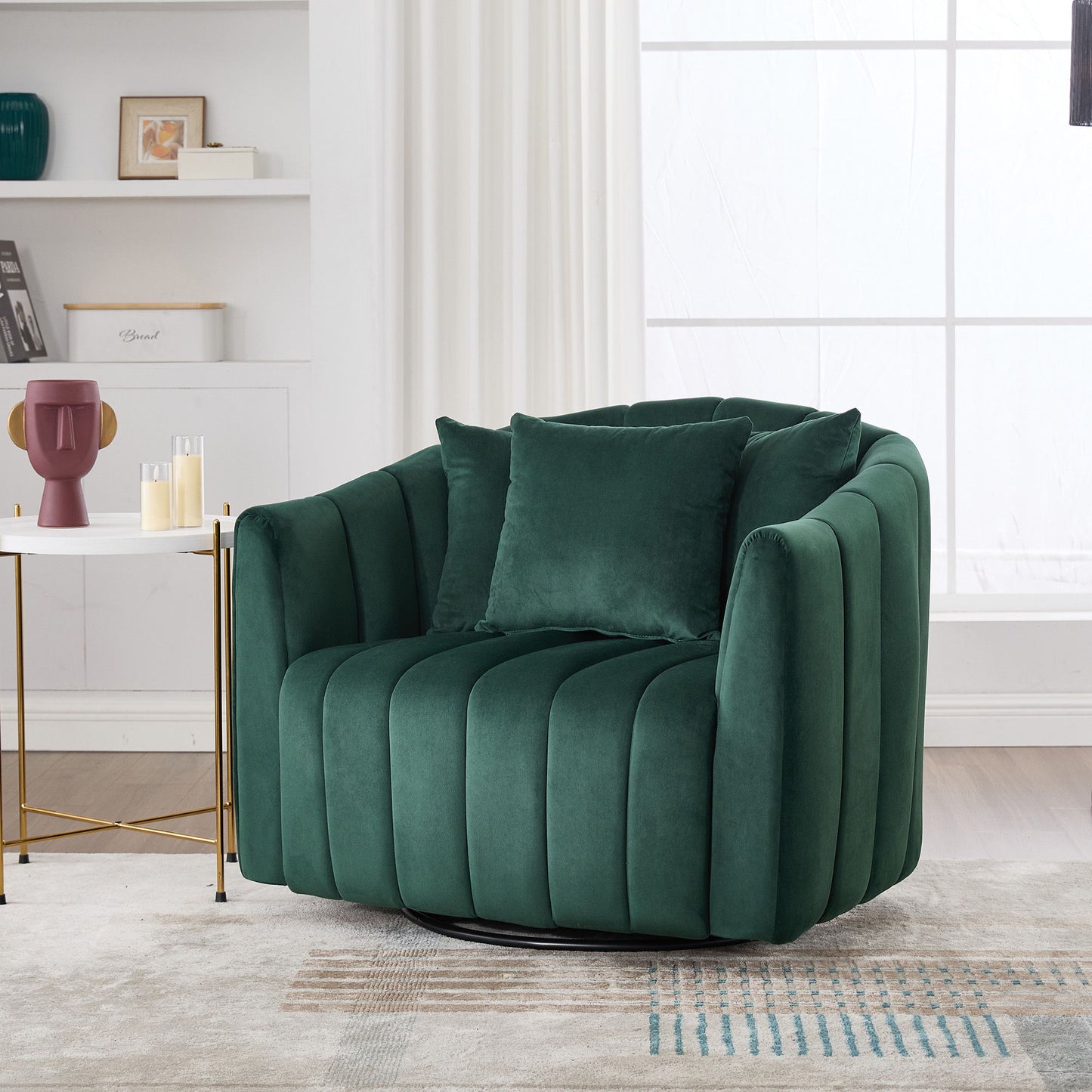 Upholstered Oversized 360 Degree Swivel Accent Barrel Chair And Half Cozy Sofa With 3 Pillows, Channel Tufted Pumpkin Shape Club Armchair For Living Room, Bedroom, Office, Lounge - Green