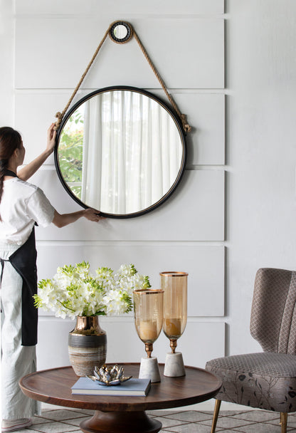 On Trend Hanging Round Mirror With Framed And With Rope Strap Contemporary Industrial Decor For Bathroom - Black