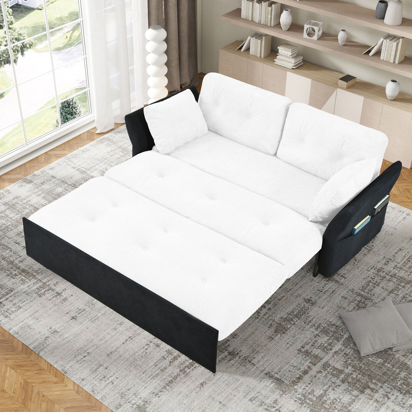 Modern Convertible Sleeper Sofa Bed With Pull Out Queen Design, Side Storage & Thick Cushions Chenille Loveseat For Living Room Or Bedroom 3 In 1 Function - - White