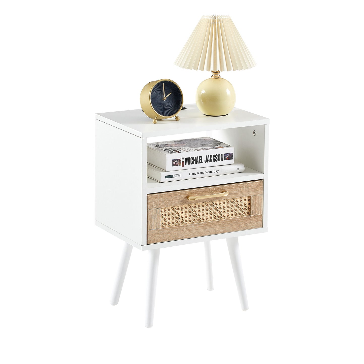 15.75" Rattan End Table With Power Outlet & USB Ports, Modern Nightstand With Drawer And Solid Wood Legs, Side Table For Living Room, Bedroom - White