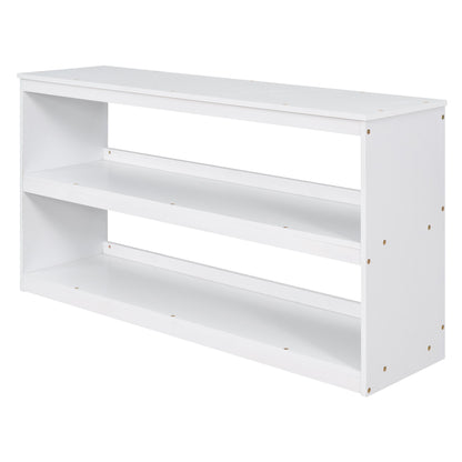 Full Loft Low Study Bed With Cabinet, Shelves And Rolling Portable Desk, Multiple Functions - White