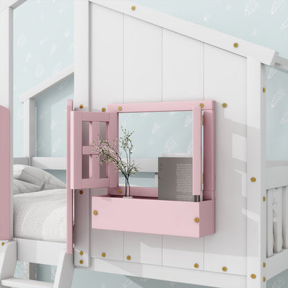 Twin Over Twin House Bunk Bed With Roof, Window, Window Box, Door, With Safety Guardrails And Ladder - Pink / White