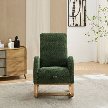 Boucle High Back Glider Rocking Chair With Retractable Footrest And Rubber Wood Legs For Nursery And Living Room - Green