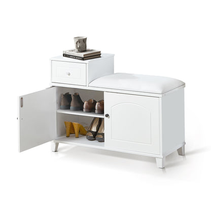 Shoe Storage Bench Cabinet With Fireproof Cushion, Double Doors And Movable Drawer For Door Entrance - White
