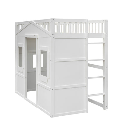 Twin Size House Loft Bed With Ladder - White