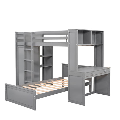 Twin Size Loft Bed With A Stand Alone Bed, Shelves, Desk, And Wardrobe - Gray