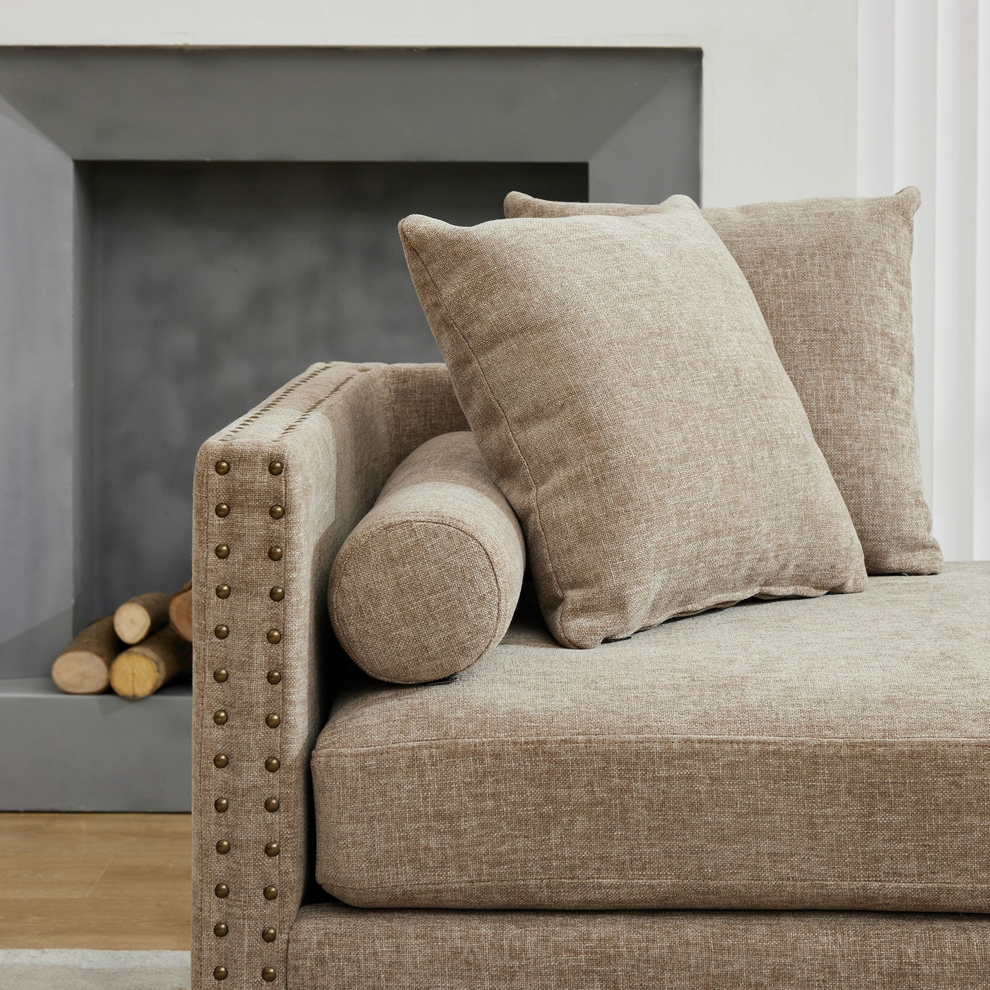 Upholstered Chaise Lounge Indoor With Nailheads, Sleeper Sofa Couch With 4 Throw Pillows & 2 Bolsters, Daybed With Rubberwood Legs - Taupe