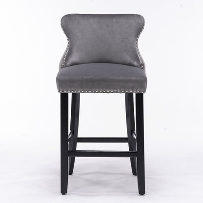 Contemporary Velvet Upholstered Wing-Back Barstools With Button Tufted Decoration And Wooden Legs, And Chrome Nailhead Trim, Leisure Style Bar Chairs, Bar Stools (Set of 4) - Gray