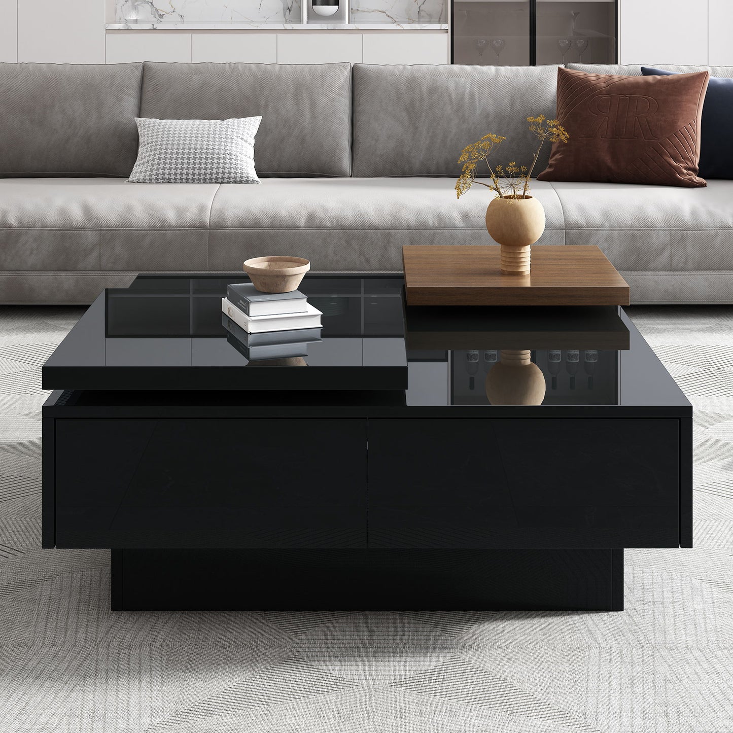 Movable Top Coffee Table, Modern Square Wood Coffee Table With High Gloss Finish, 4 Hidden Storage Drawers For Living Room - Black
