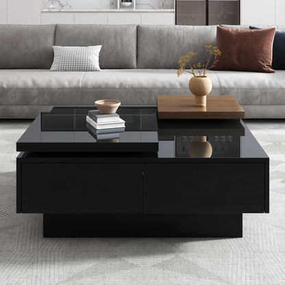 Movable Top Coffee Table, Modern Square Wood Coffee Table With High Gloss Finish, 4 Hidden Storage Drawers For Living Room - Black