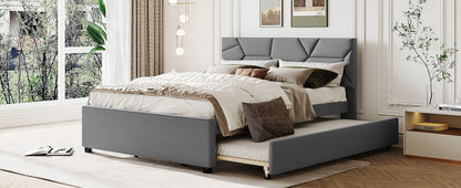 Queen Size Upholstered Platform Bed With Brick Pattern Headboard And Twin Long Size Trundle - Gray