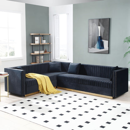 Contemporary Vertical Channel Tufted Velvet Sectional Sofa For Living Room With 4 Pillows - Black