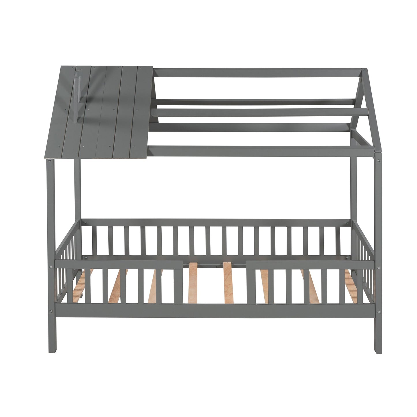 Twin Size House Bed With Fence - Gray