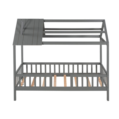 Twin Size House Bed With Fence - Gray