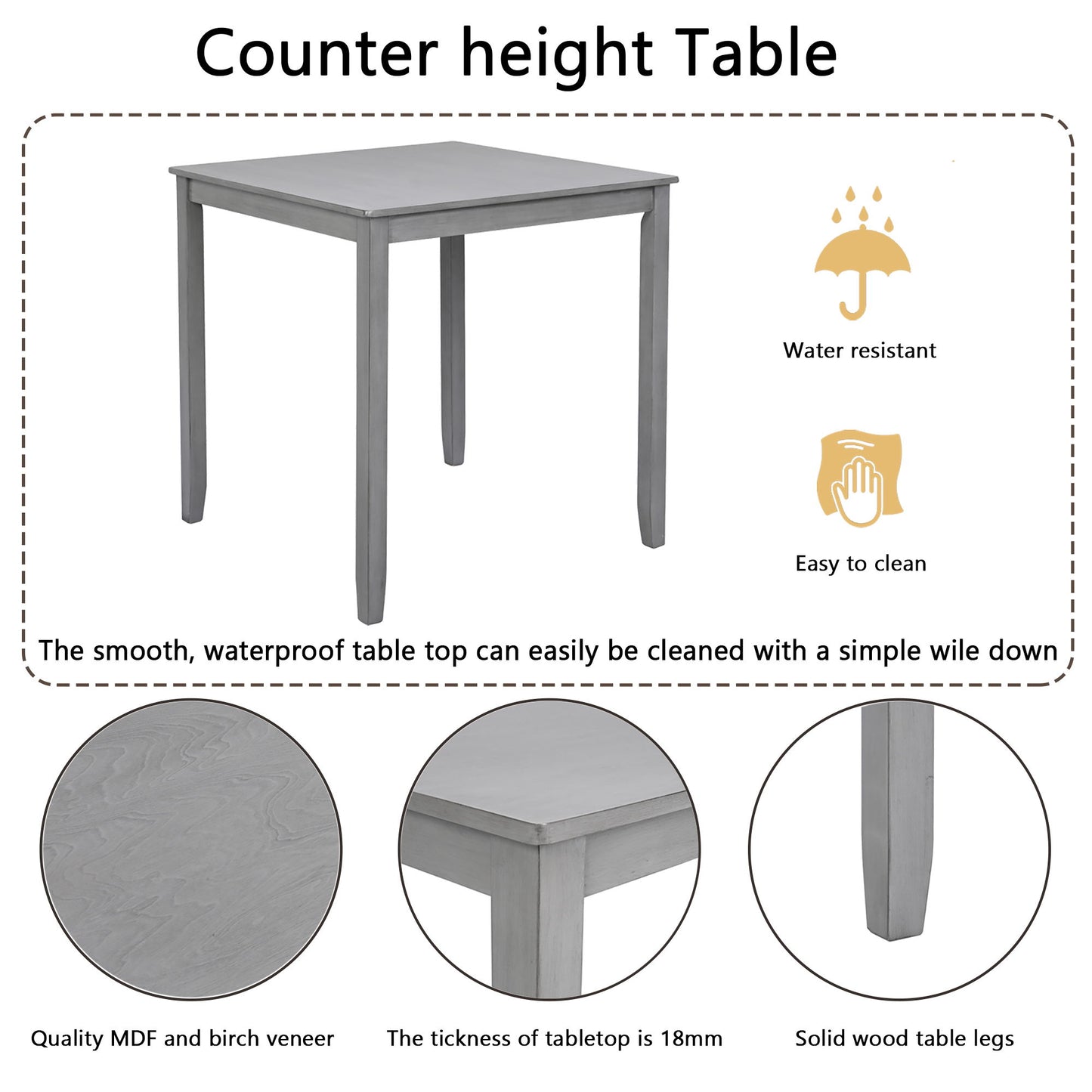 5 Piece Dining Table Set, Wooden Dining Square Table Set For 4, Counter Height Kitchen Table Set With Square Table And 4 Upholstered Chairs For Small Space - Gray