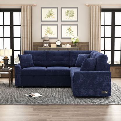 L-Shape Sofa Bed Pull-Out Sleeper Sofa With Wheels, USB Ports, Power Sockets For Living Room - Navy Blue