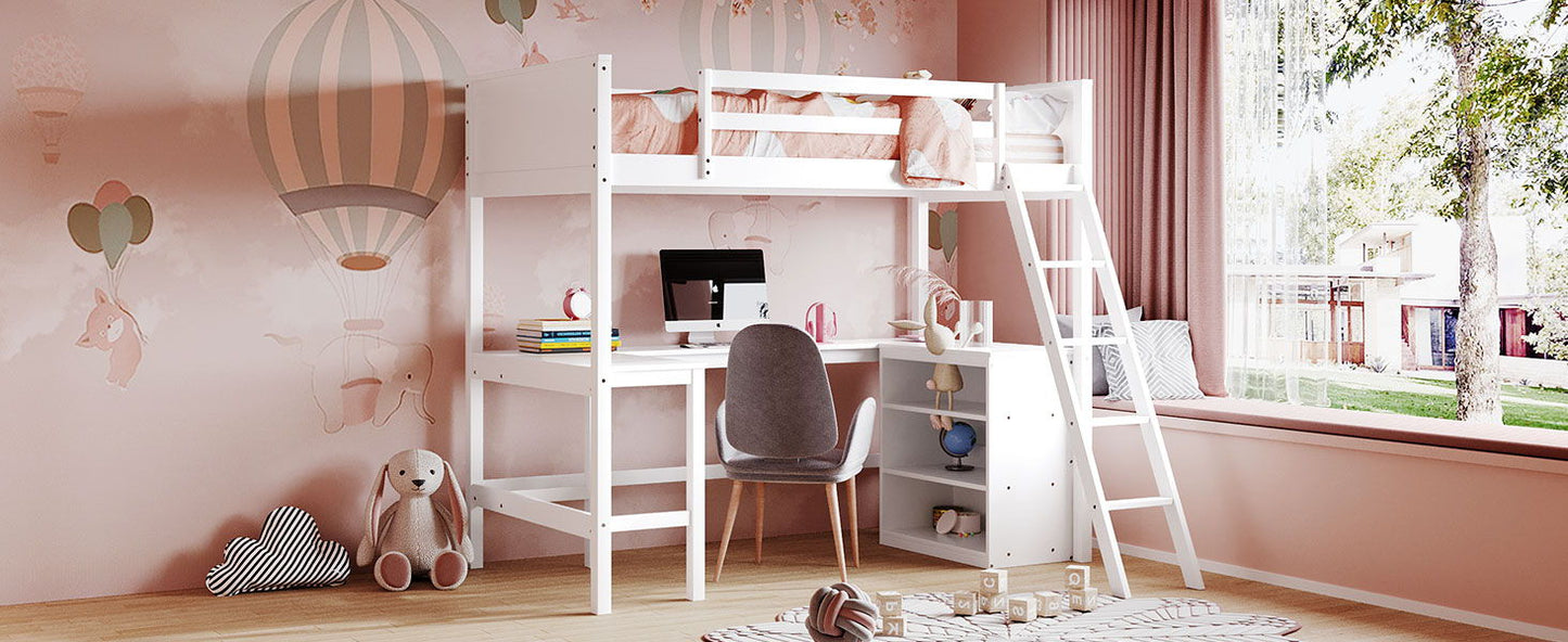Twin Size Loft Bed With Shelves With Desk - White
