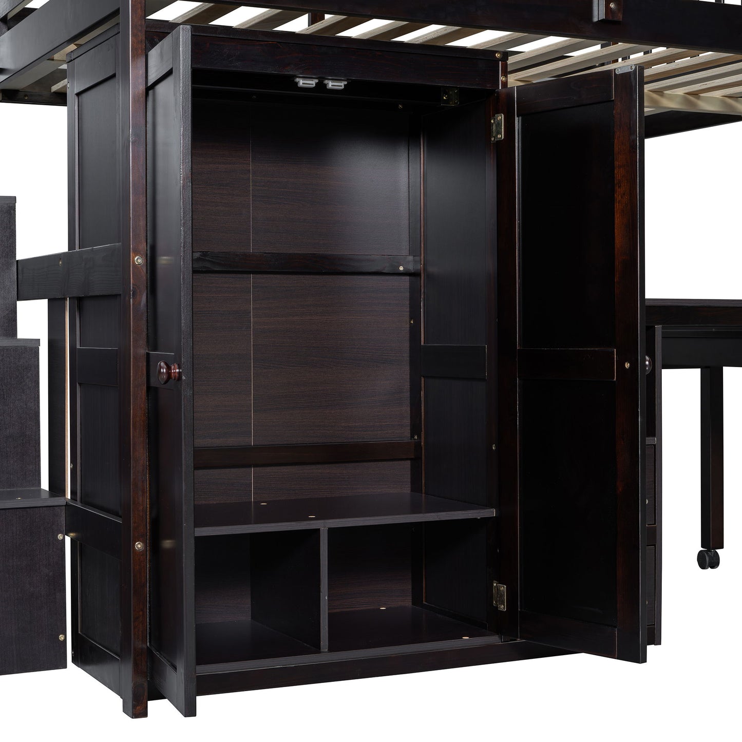 Full Size Loft Bed With Stairs, Bookshelf, Drawers, Desk & Wardrobe, Space Saving Multifunctional Furniture - Espresso