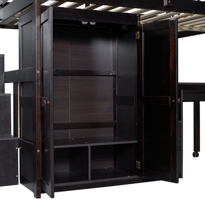 Full Size Loft Bed With Stairs, Bookshelf, Drawers, Desk & Wardrobe, Space Saving Multifunctional Furniture - Espresso