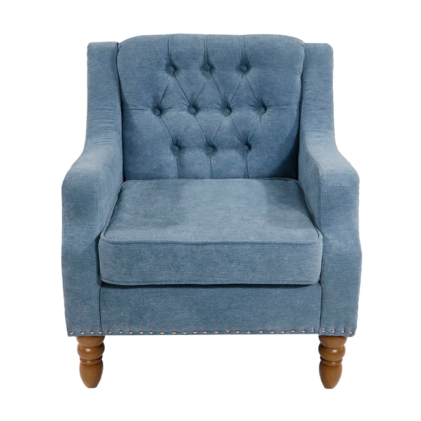 Accent Chair, Living Room Chair, Footrest Chair Set With Vintage Brass Studs, Button Tufted Upholstered Armchair For Living Room, Comfy Reading Chair For Bedroom, Reception Room - Blue