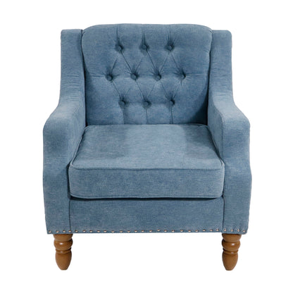 Accent Chair, Living Room Chair, Footrest Chair Set With Vintage Brass Studs, Button Tufted Upholstered Armchair For Living Room, Comfy Reading Chair For Bedroom, Reception Room - Blue
