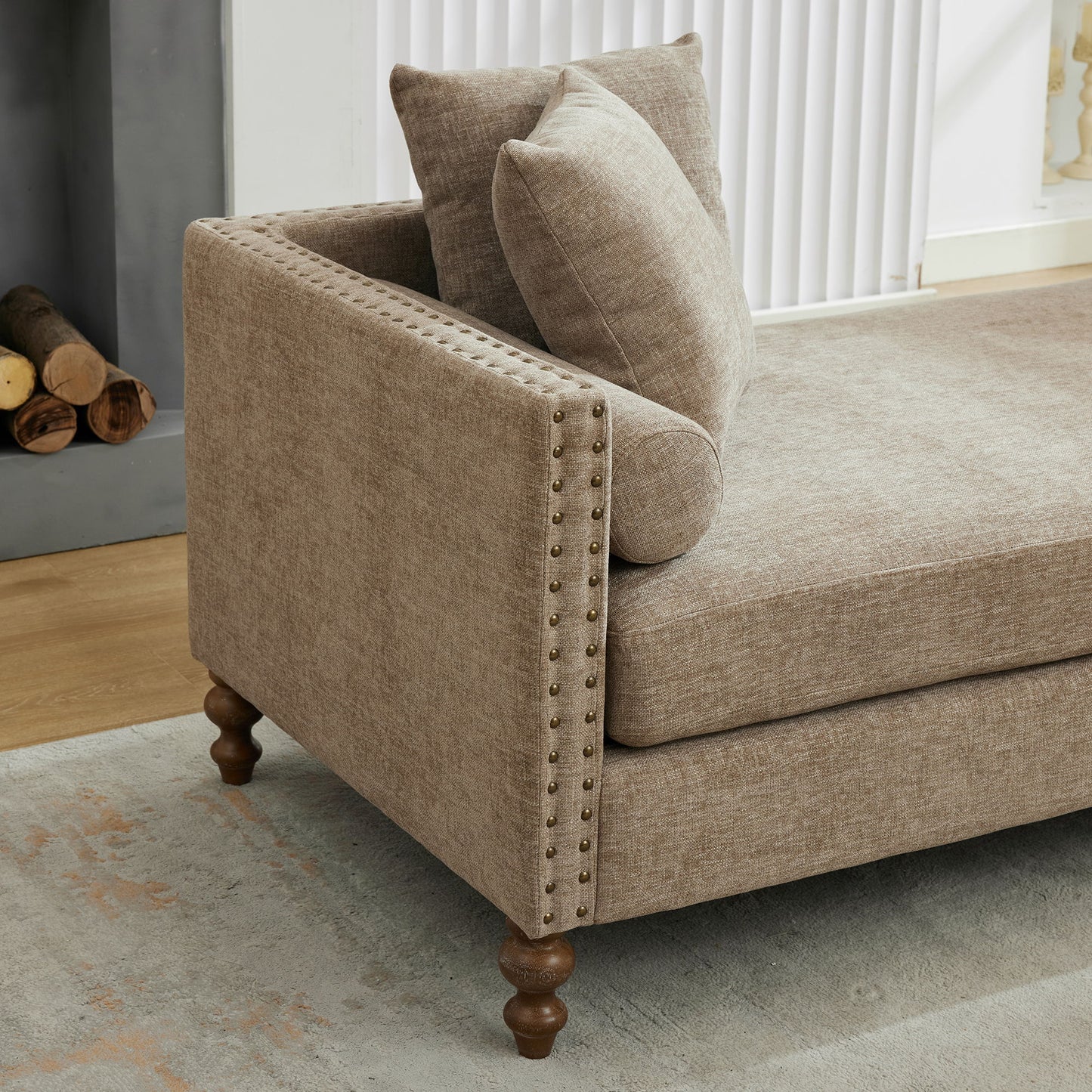 Upholstered Chaise Lounge Indoor With Nailheads, Sleeper Sofa Couch With 4 Throw Pillows & 2 Bolsters, Daybed With Rubberwood Legs - Taupe