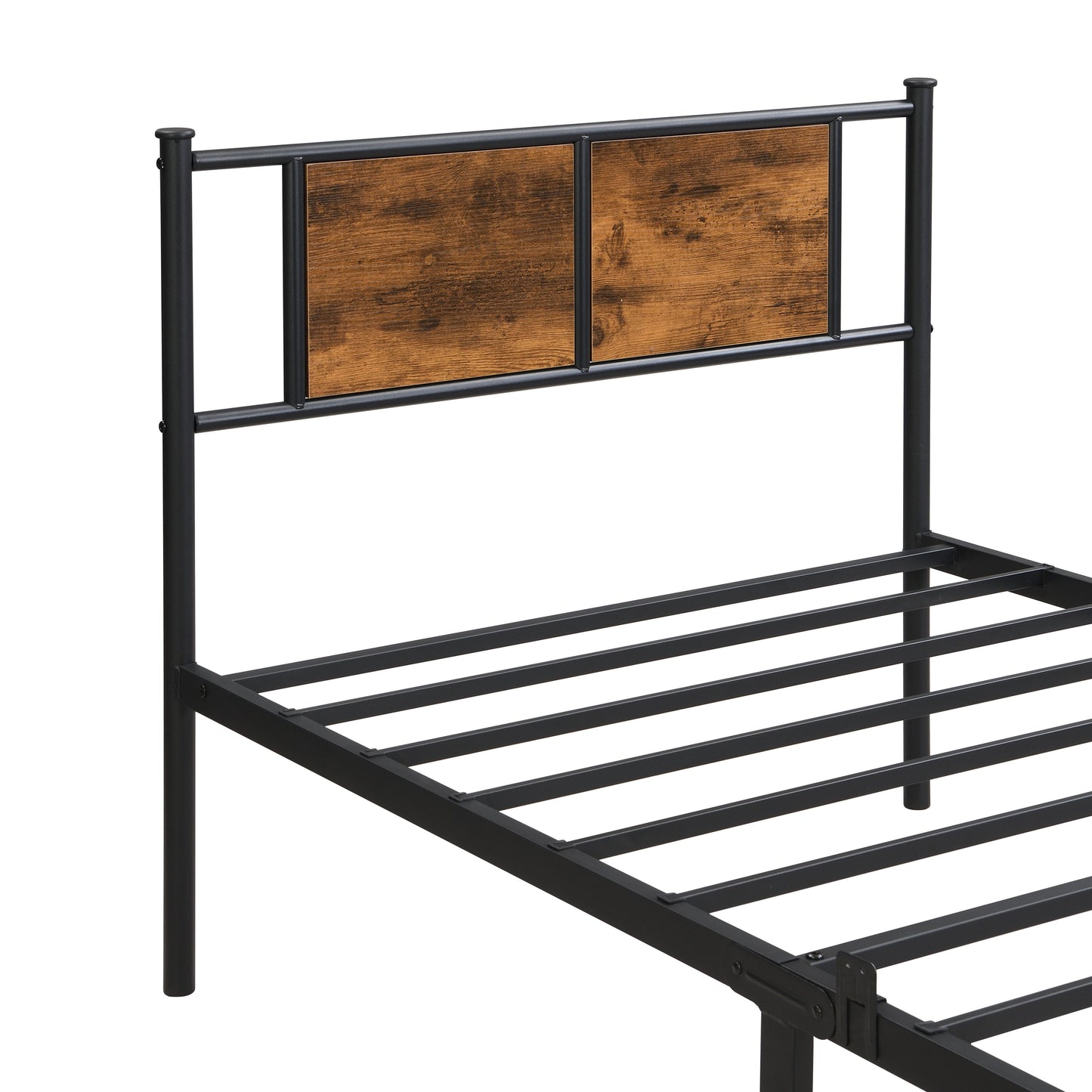Modern Twin Long Size Metal Bedframe With Wood Panel Headboard - Black / Brown