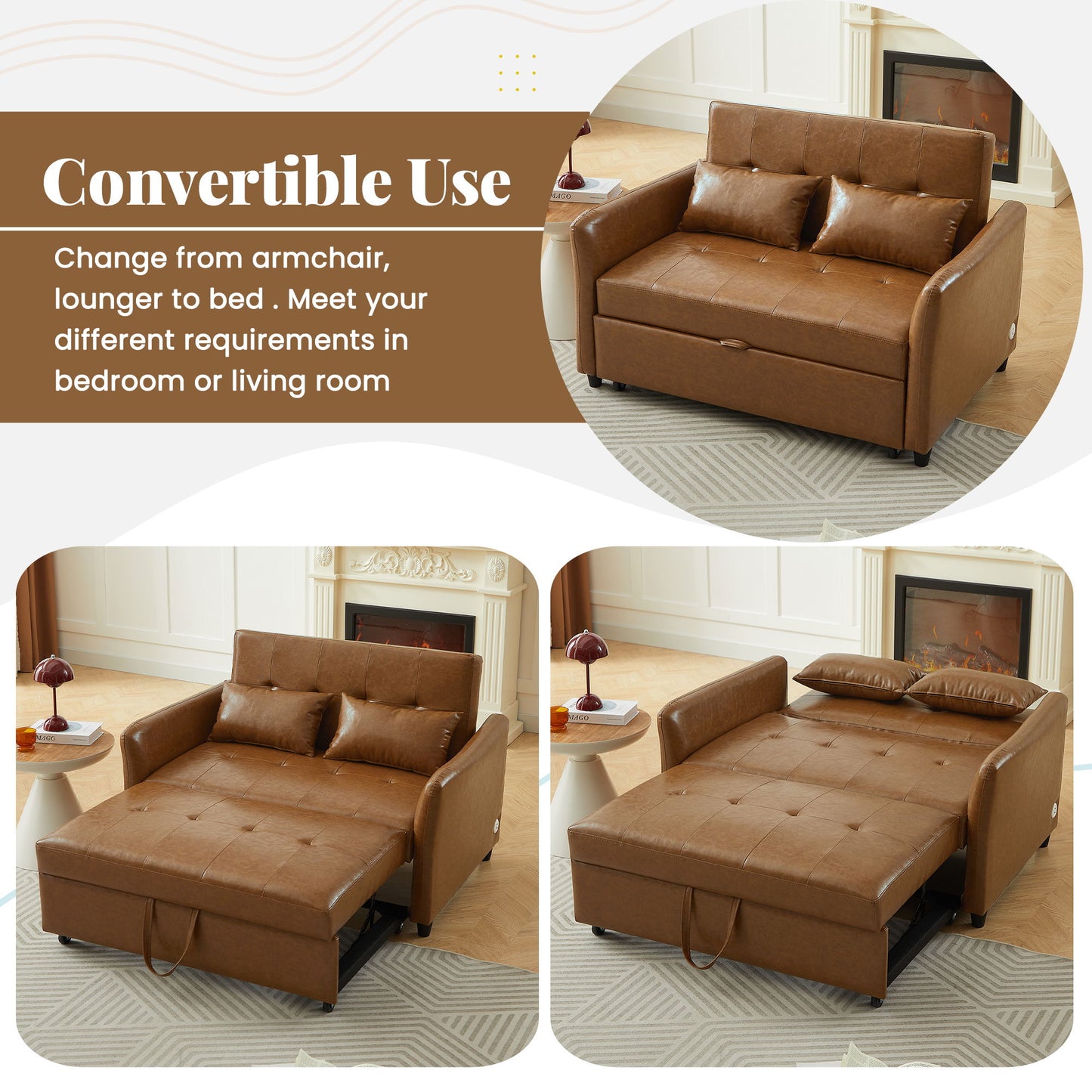 Convertible Sleeper Bed, Adjustable Oversized Armchair With 3 USB Ports For Small Space - Brown