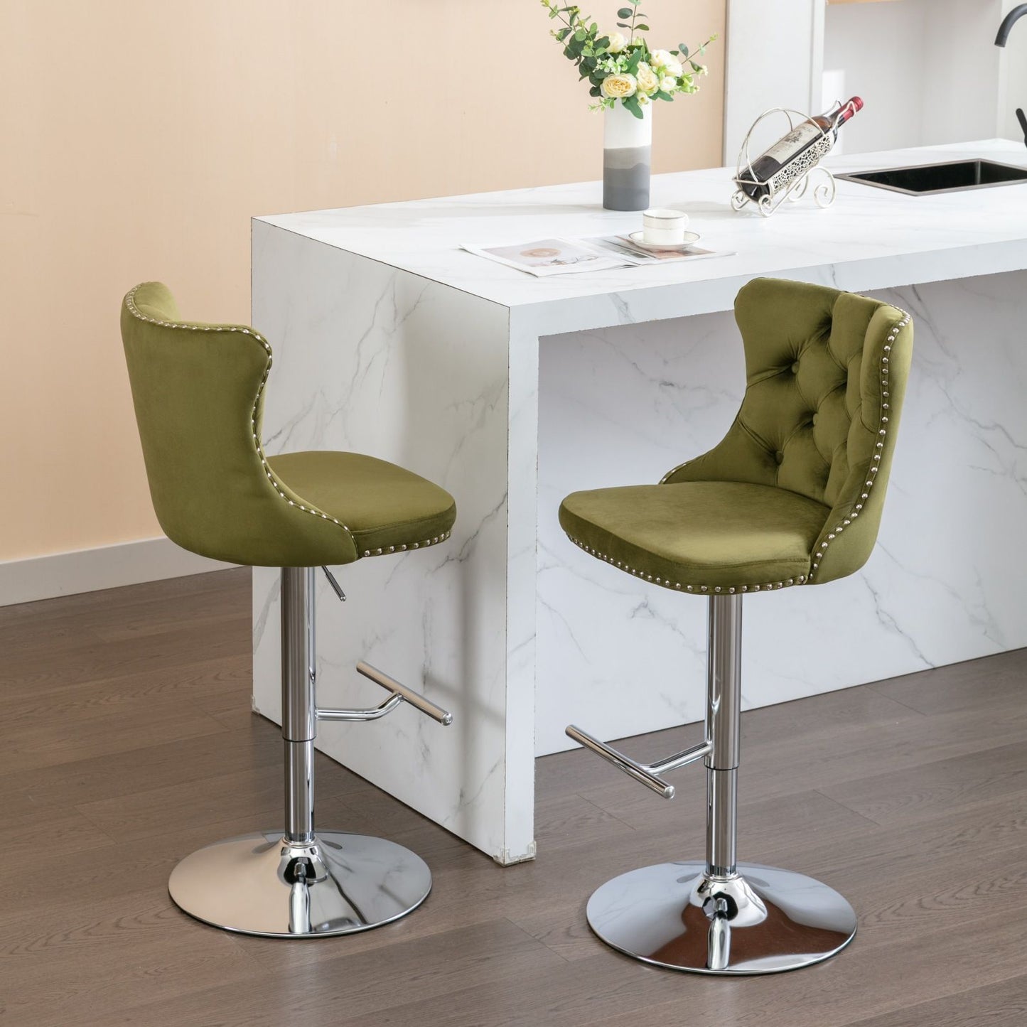 Swivel Velvet Barstools Adjusatble Seat Height From 25-33", Modern Upholstered Chrome Base Bar Stools With Backs Comfortable Tufted For Home Pub And Kitchen Island (Set of 2), 1712Ol - Olive Green