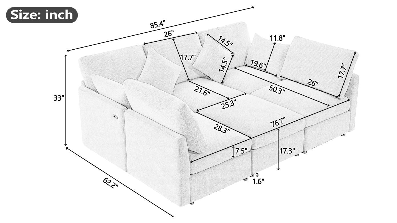 Sectional Sofa Modular Sofa U - Shaped Sofa Couch Sofa Bed L - Shaped Sofa With A Movable Ottoman And Two USB Ports For Living Room - Light Gray