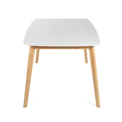 Dining Table With Splayed Rubberwood Legs & Faux Wood Tabletop, Mid Century Modern - White Oak