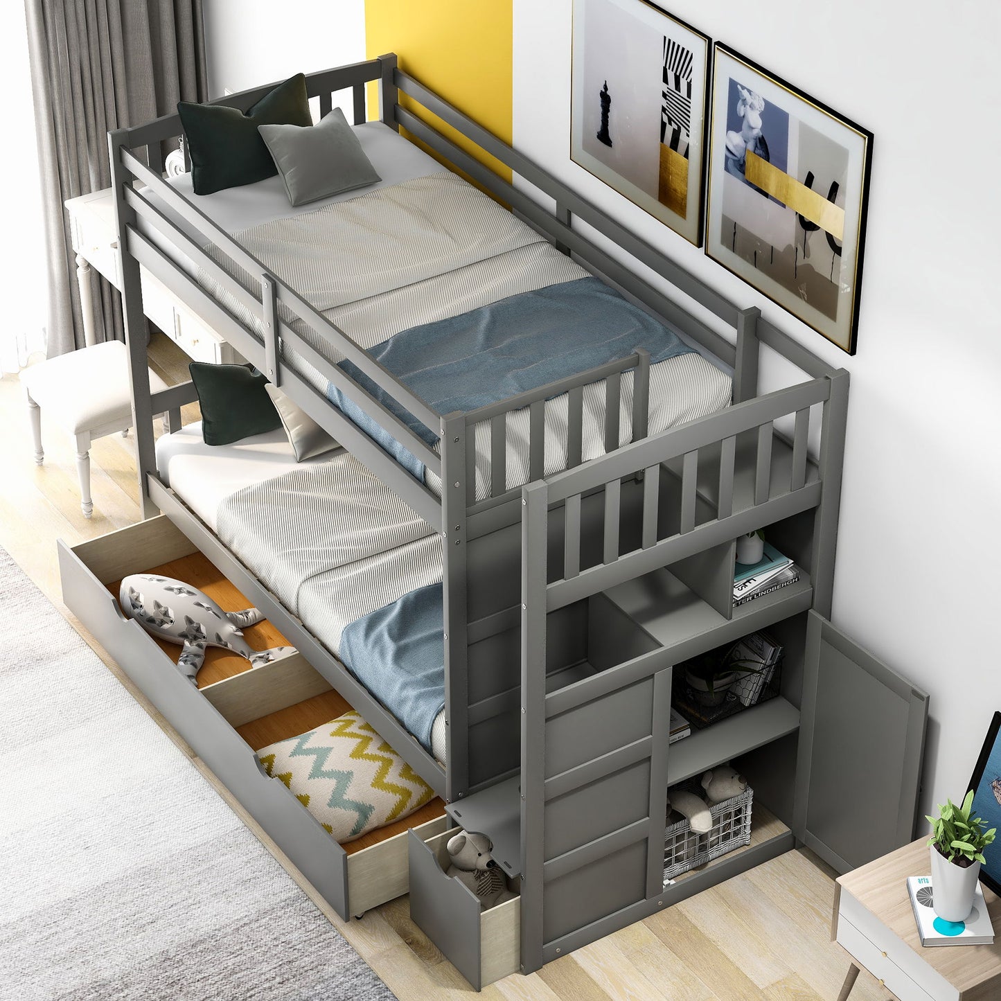 Twin Over Full / Twin Bunk Bed, Convertible Bottom Bed, Storage Shelves And Drawers - Gray
