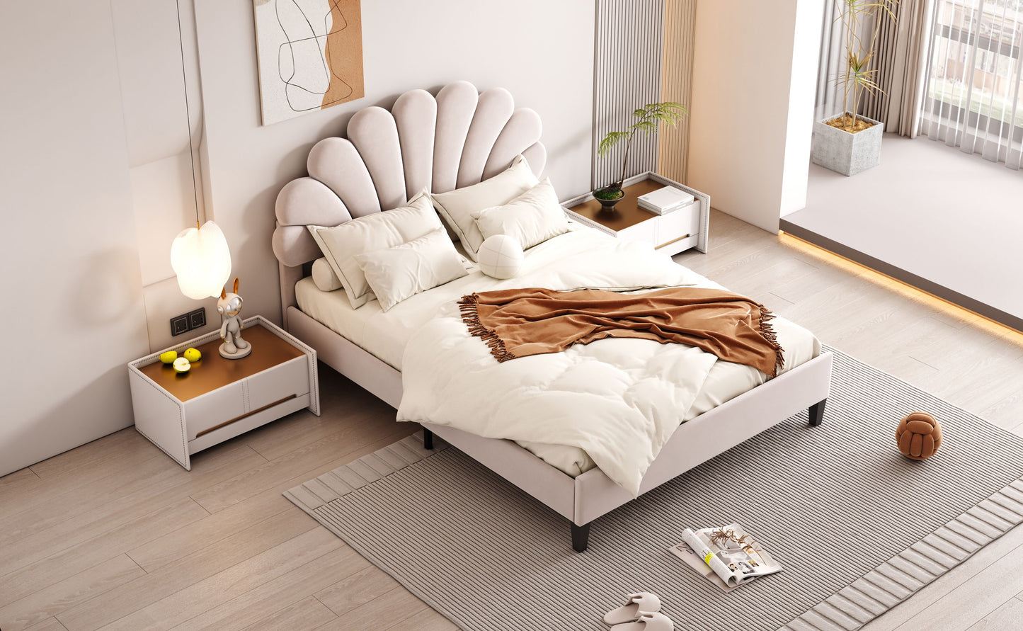 Full Size Upholstered Platform Bed With Flower Pattern Headboard - Beige
