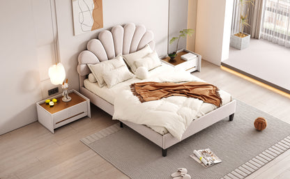 Full Size Upholstered Platform Bed With Flower Pattern Headboard - Beige