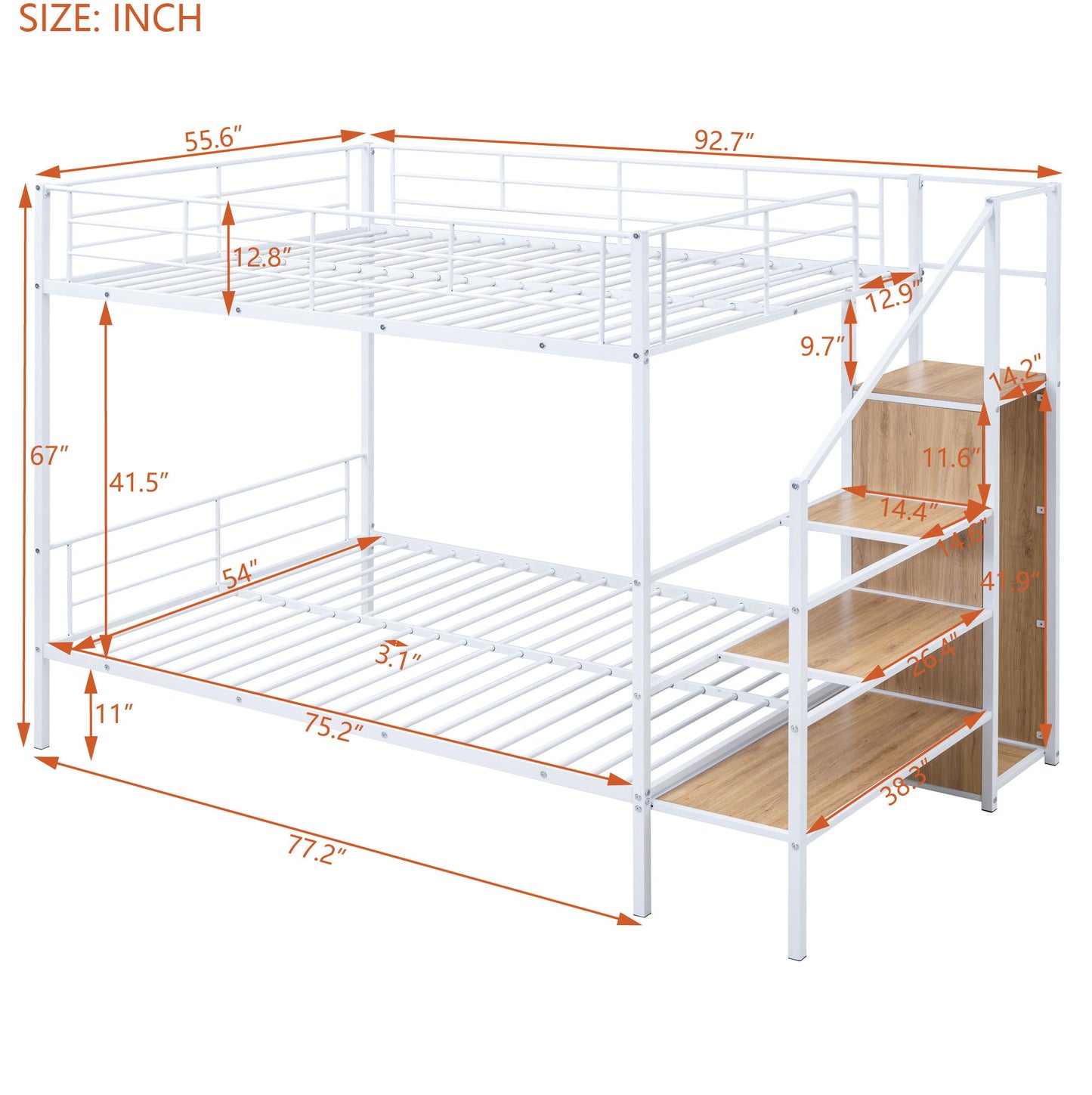 Full Over Full Bunk Bed With Lateral Storage Ladder And Wardrobe - White