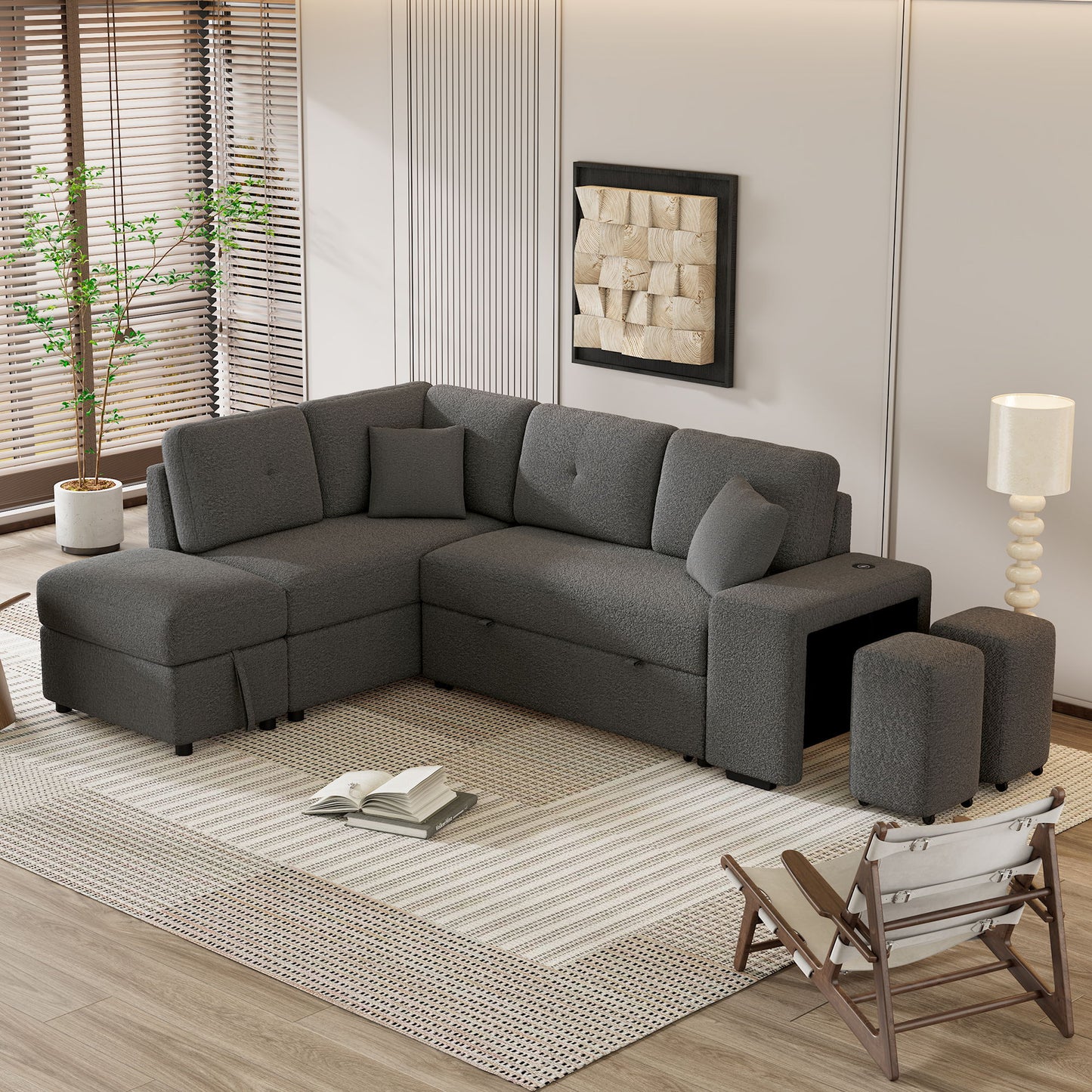 Convertible Sleeper, Sectional Pull Out Sofa Bed With Storage Ottoman, 2 Throw Pillows, 2 Stools, Wireless Charger And Two Hidden USB Ports For Living Room - Dark Gray