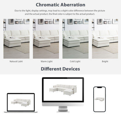 Chenille Modular Sectional Sofa, U Shaped Cloud Couch Set With Double Cushions, 6 Seat Sleeper Sofa Bed With Ottomans, Oversized Indoor Furniture - Cream