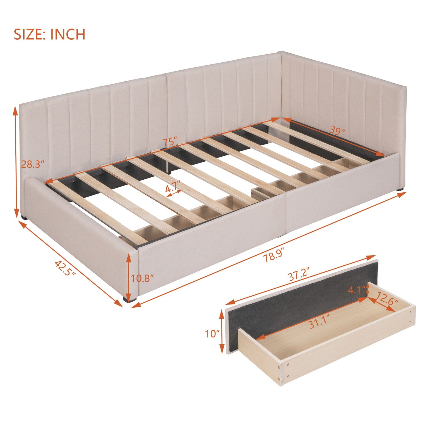 Twin Size Upholstered Daybed With 2 Storage Drawers, Sofa Bed Frame No Box Spring Needed - Beige