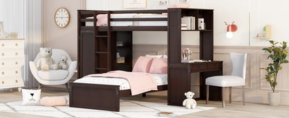 Twin Size Loft Bed With A Stand Alone Bed, Shelves, Desk, And Wardrobe - Espresso