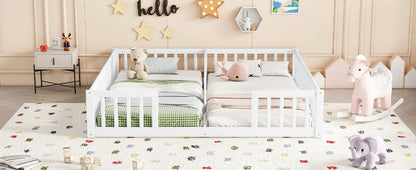 Double Twin Floor Bed With Fence, Guardrails, Without Door - White