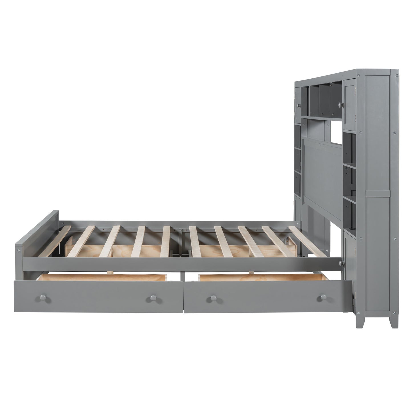 Queen Size Bed With All In One Cabinet, Shelf And Sockets - Gray