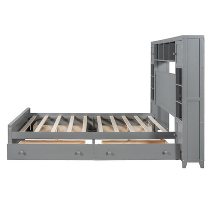 Queen Size Bed With All In One Cabinet, Shelf And Sockets - Gray