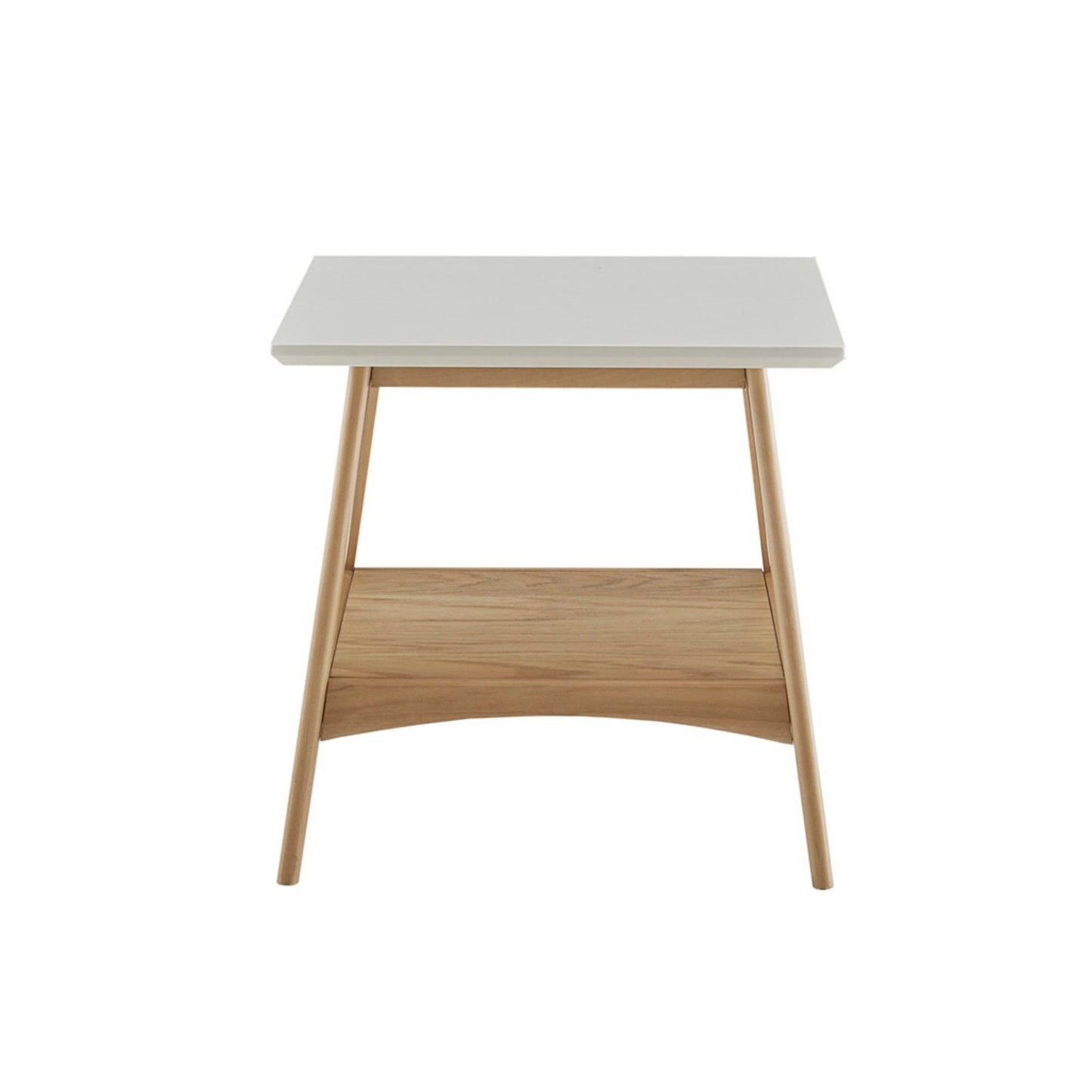 Mid - Century End Table With Storage Shelf - Off White / Natural