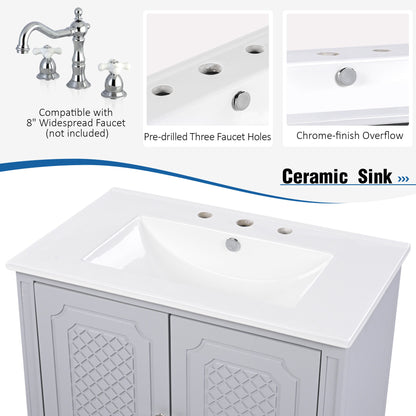 Vintage Style 30" Bathroom Vanity With Sink, Multi Functional Storage, Soft Closing Door - Gray