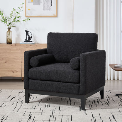 Wide Modern Farmhouse Performance Accent Chair With Black Legs, Wood Base Reading Armchair Single Sofa With 2 Bolster Pillows For Living Room Offices And Lounge - Black